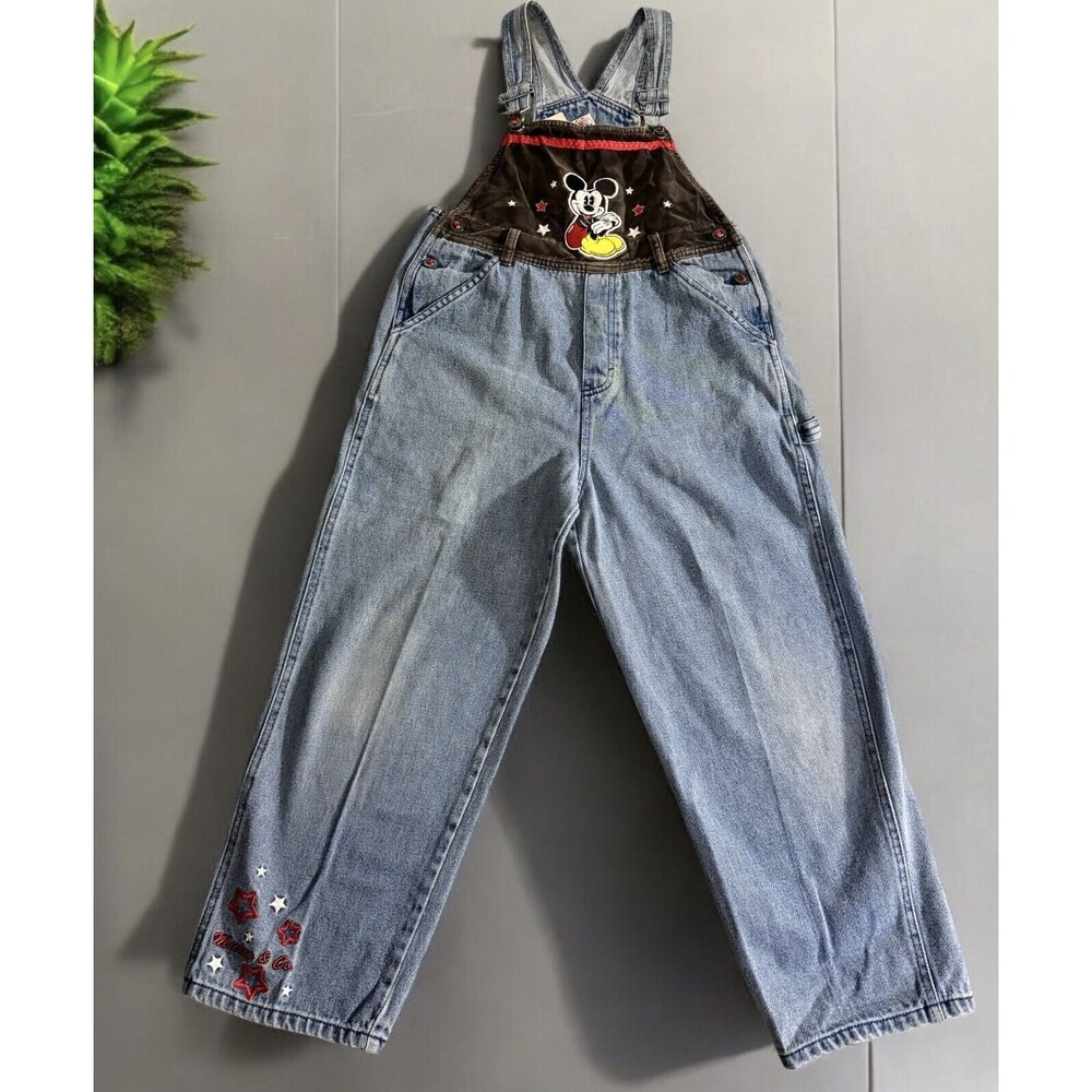 Vintage 90s Disney Mickey Mouse Girls Denim Overalls Size 12 Jumpsuit